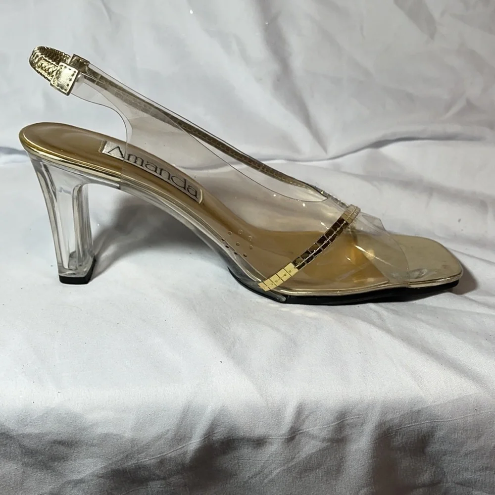 Amanda Acrylic Heels with Gold Accents - EUC